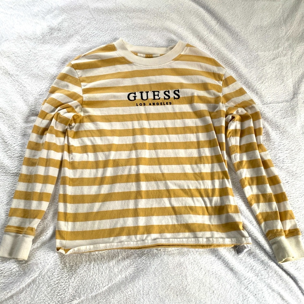 “GUESS” Tan and white long-sleeved shirt